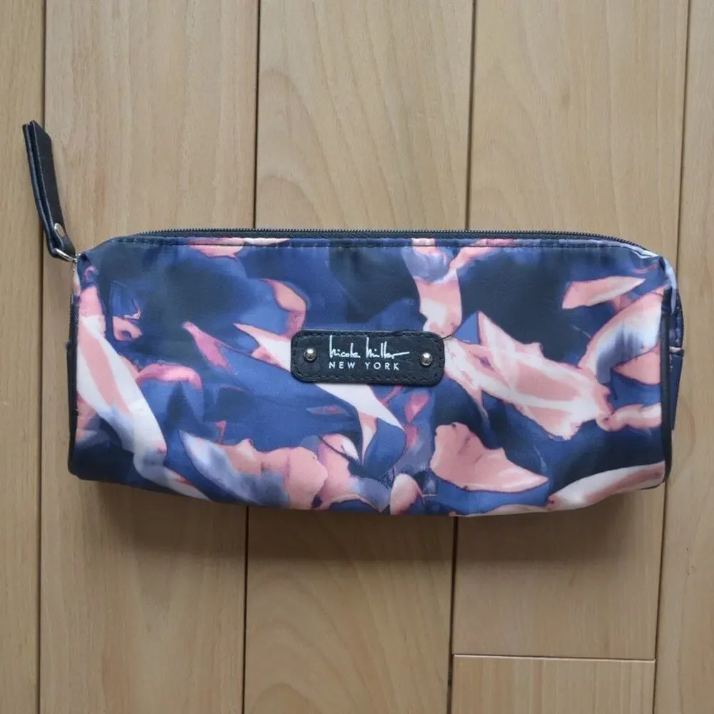 Nicole Miller Cosmetic Case Bag Long Blue, Pink and Black Pattern Makeup Bag